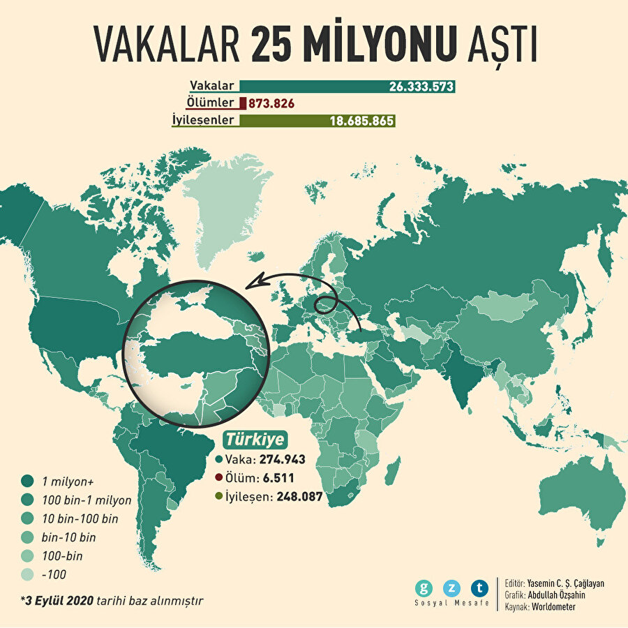 Dünya genelinde COVID-19 vakaları 25 milyonu geçti