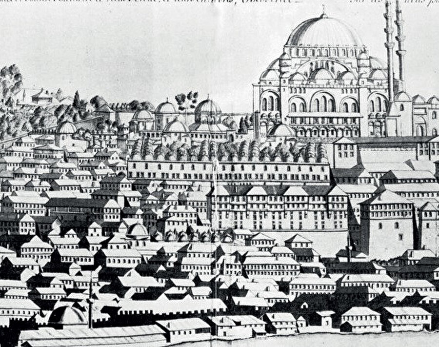 Cornelius Loos tarafından çizilen Saray-ı Atik ve Süleymaniye Külliyesi (1710)