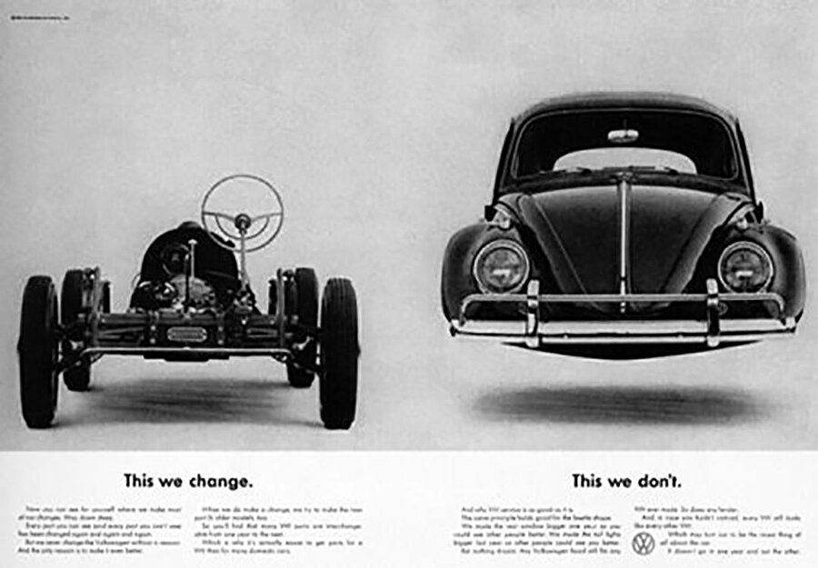 İlk tasarlandığı yıllardan, üretimden çıkana kadar geçen 65-70 yıl içerisinde tasarımı çok az değişen Beetle’ın bu duruma karşı, teknik açıdan gelişim olduğunu ancak tasarımın aynı kaldığını gösteren reklamı.