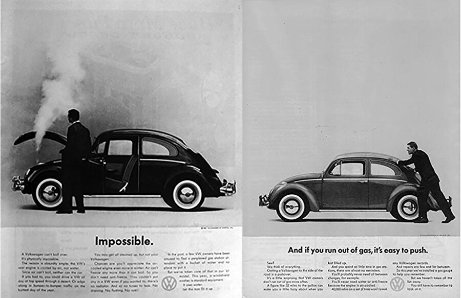 1961 ve 1962 yılından Beetle reklamları. Adolf Hitler tarafından ortaya atılan hesaplı, sağlam araba fikri; Beetle’ın üretim ömrü boyunca devam etmiş, ihracat politikası olmuş.