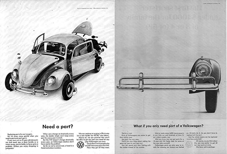 1963 ve 1964 yılından Beetle reklamları. Halk arabası olarak ortaya çıktığı yıllarda kolay ve ucuz parça teminini hedefleyen Beetle, ihraç edilirken de bu politikayı sürdürmüş. 