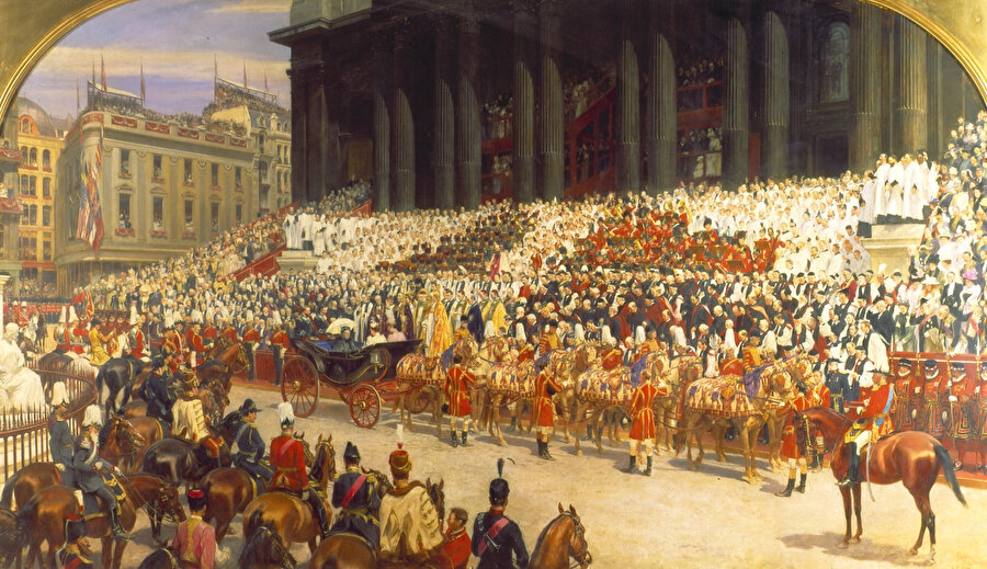 Kraliçe Victoria’nın tahta oturuşunun 60. yılı münasebetiyle yapılan töreni gösteren bir resim.