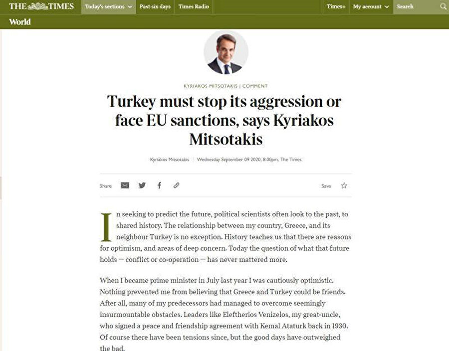 Yunan Başbakan Miçotakis'in Türkiye karşıtı yazısı bugün The Times'ta yayınlandı
