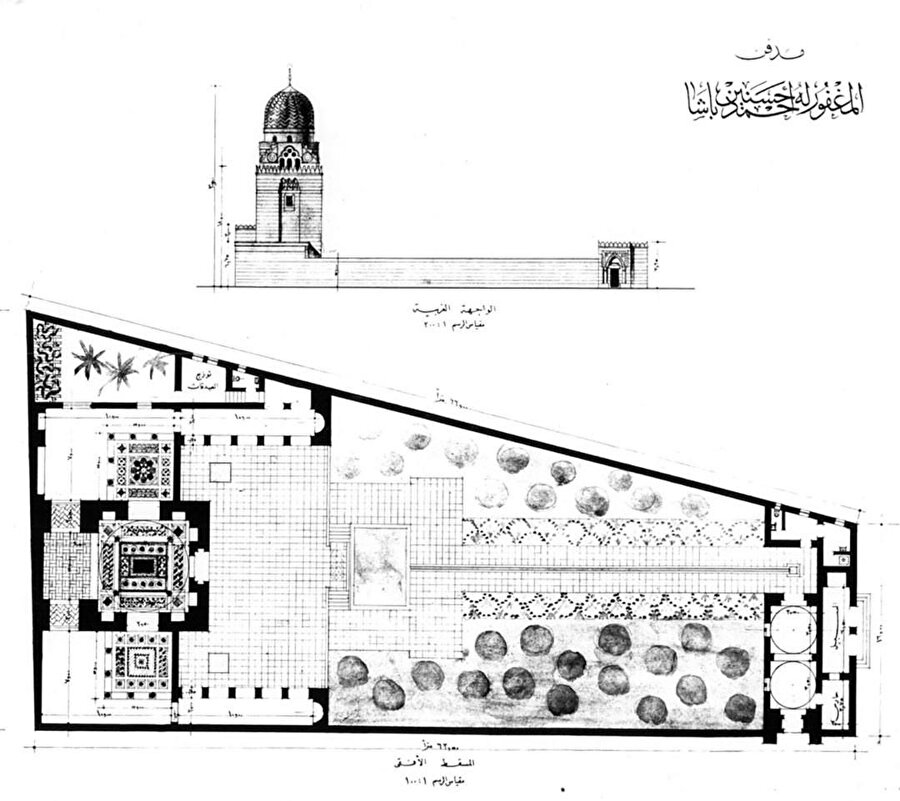 Hassanein Bey Türbesi plan ve görünüş çizimleri. Türbe tasarımında; Fathy’nin avlu ve kubbe gibi kullandığı mimari unsurlar gelenekselciliğini yansıtıyor. 
