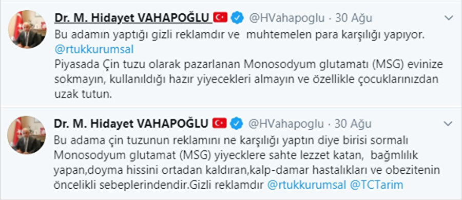 MHP Genel Başkan Yardımcısı Hidayet Vahapoğlu, twitter hesabından programa tepki gösterdi.
