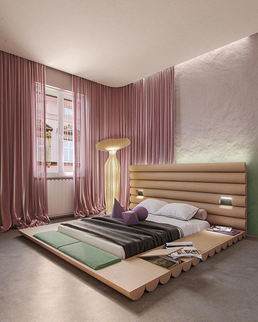 Evcil hayvanlarla yaşayan çift için Milano'nun kalbinde 80 metrekarelik dairenin yenileme projesi için yatak odası. Gizli saklama bölmeli özel MDF yatak, gizli döner başucu lambaları, tezgah, 2020.