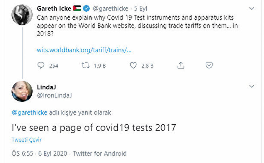 Gareth Icke’ın paylaşımında Dünya Bankası’nın 2018 yılında Kanada’dan dünyanın hemen her yerine Covid-19 test cihaz ve kitlerinin gönderildiği ticaret tarife bilgileri yer alıyordu