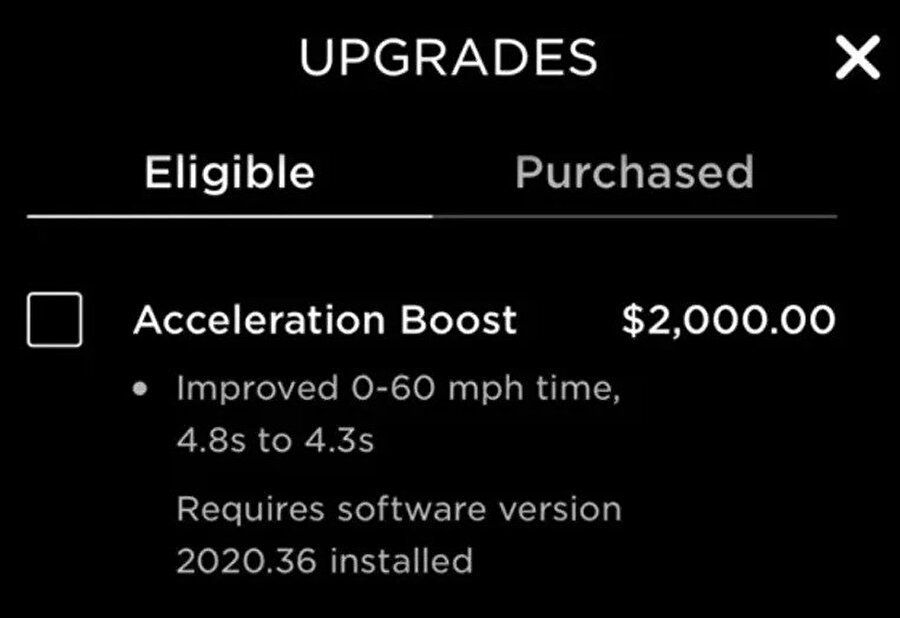 Tesla'nın 2000 dolarlık yazılım güncellemesiyle sunduğu hızlanma artışı 'upgrades' bölümünden görüntülenebiliyor.