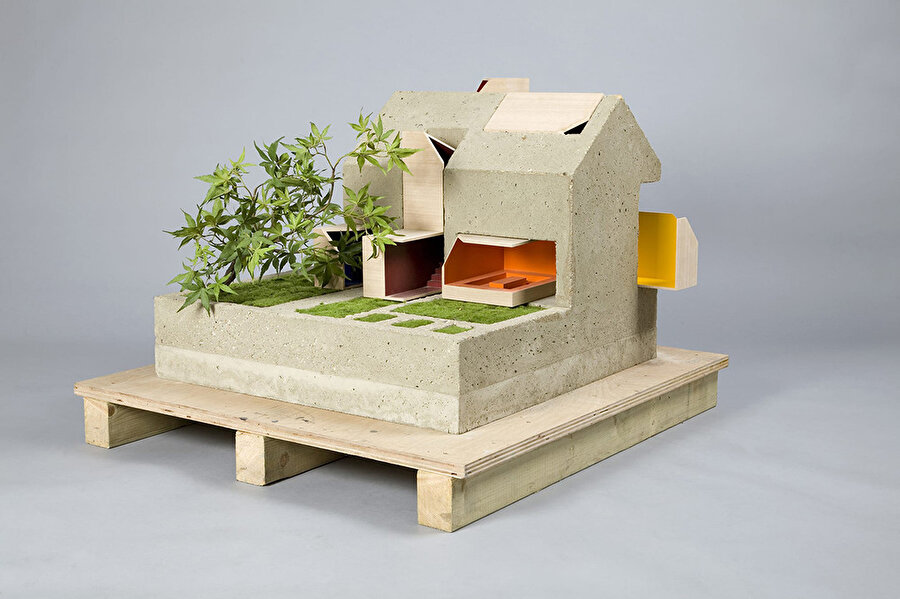 Beton kabuğu, küçük ahşap odaları ve kendi küçük bitkisiyle “Inside Out House”. 