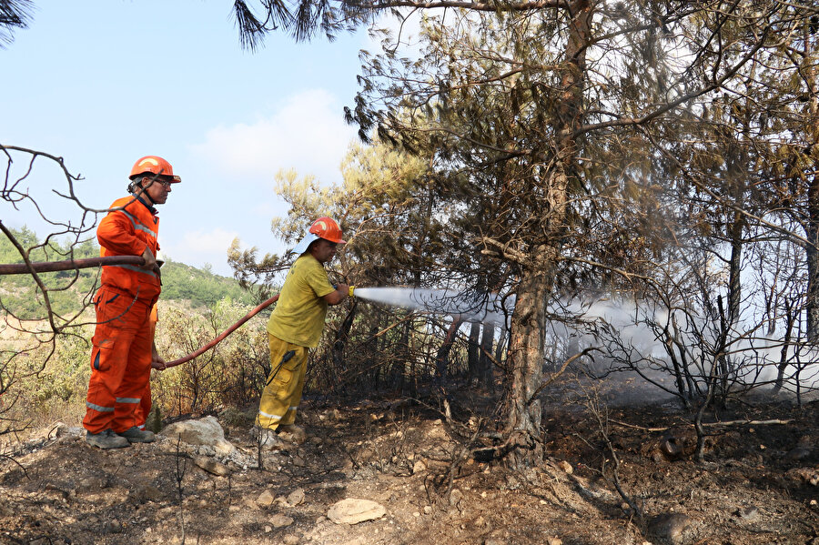 Hatay'daki yangında söndürme çalışmaları yapılırken