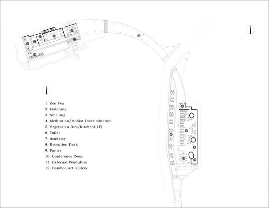  Birinci kat planı. 1- Zen çayı alanı; 2- Dinleme alanı; 3- Koku alanı; 4- Meditasyon alanı, 5- Vejetaryen mutfak; 6- Tuvalet; 7- Akademi; 8- Resepsiyon; 9-Kiler; 10-Konferans salonu; 11- Dış sarkaç; 12- Bamboo Sanat Galerisi.