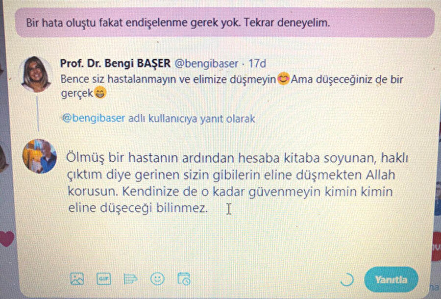 Bengi Başer, “Bence siz hastalanmayın ve elimize düşmeyin. Ama düşeceğiniz de bir gerçek” diyerek Türkiye’de sağlık sektörünün ‘belli bir kesim için’ ne kadar büyük bir tehlike arz ettiğini gösterdi. 