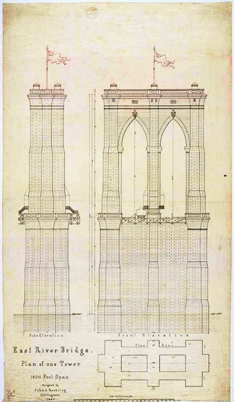 Brooklyn Köprüsü, kule çizimleri.