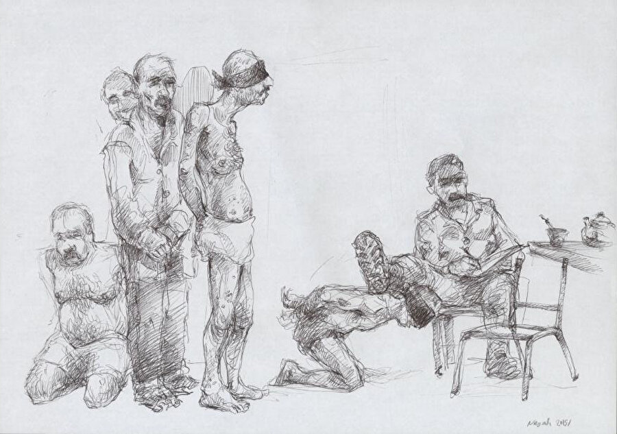 Esed rejiminin işkence yöntemlerini tasvir eden bir çizim.