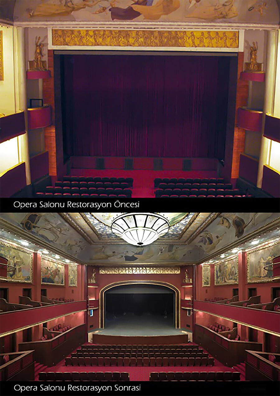 Restorasyon öncesi ve sonrası opera salonu.