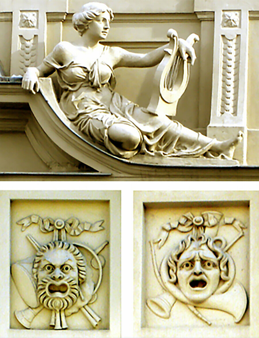 Çatı parapetinin ortasındaki kadın heykeli ve masklar.