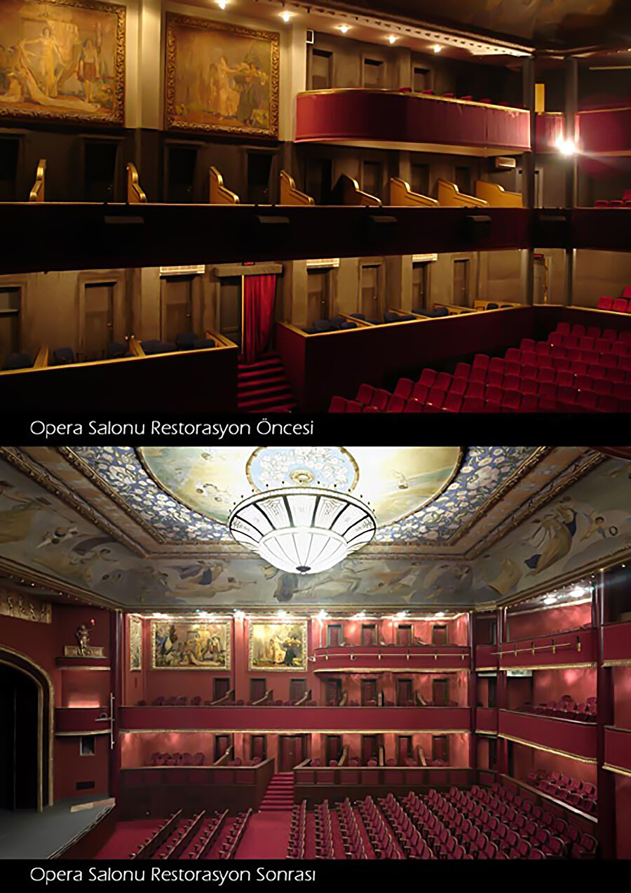 Restorasyon öncesi ve sonrası opera salonu.