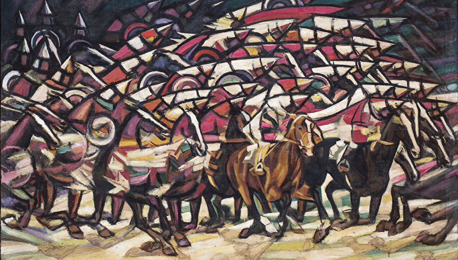 İlhami Atalay/1985 Resmin adı: Sonsuza Doludizgin - Ressam, somuttan soyuta ve sonsuzluğa doğru koşan atlar üzerinden İslam sanatındaki sonsuzluk fikrini çağdaş bir şekilde tuvale yansıtmış. Tıpkı bitmek bilmeyen ve birbirine geçen geometrik kompozisyonlarımızda olduğu gibi.