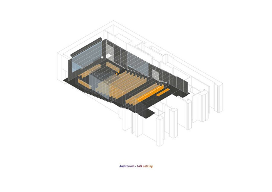 Konuşmalar ve toplantılar için farklılaşabilen, oditoryum düzeni ve ses yansıma şeması. 