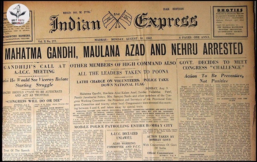Gandhi, Nehru ve Âzâd'ın İngilizler tarafından tutuklanmasına dair bir haber.