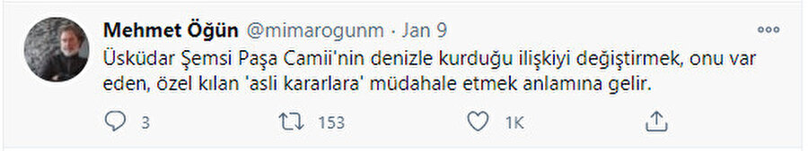 Mimar Mehmet Öğün'ün tweeti.