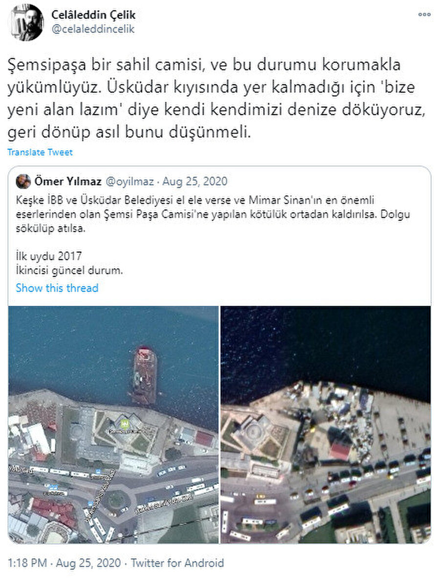 Mimar Celaleddin Çelik'in tweeti.