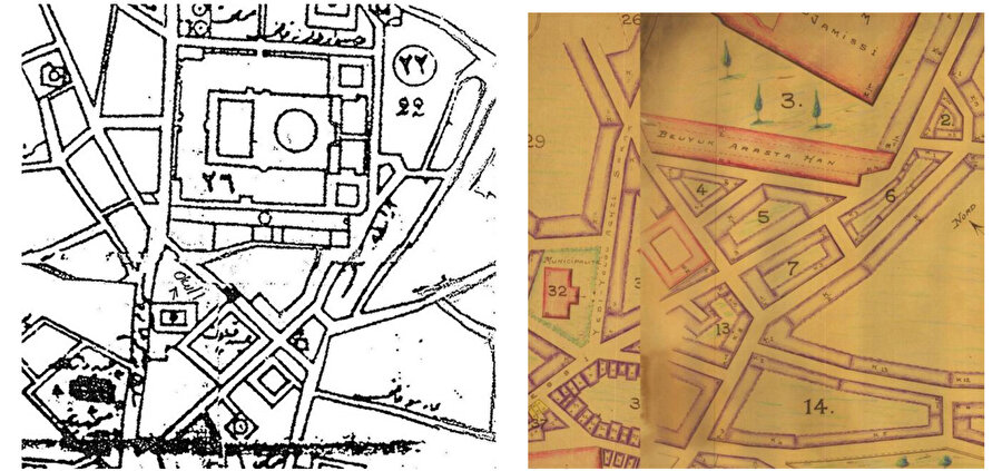 Pervititch Haritası ve 1918 tarihli haritalarında, Yemiş Kapanı ve Selimiye Külliyesi’ni sınırlayan yol aksları görülmektedir.