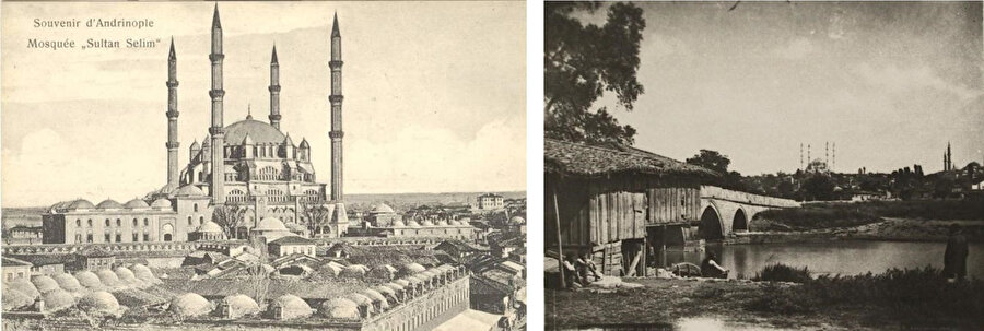 Selimiye’nin yakın plan fotoğrafında, kaide kotunu örten yapıların varlığı yapıyı, yakınındaki yapıların ölçeğine indirilmektedir (soldaki görsel). Selimiye, gövdesine kadar yükselen yapılar ve yeşil ile şehir ölçeğine indirilmektedir. Fotoğraflar: Süleymaniye Kütüphanesi arşivi.