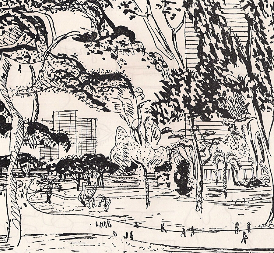 Konut birimleri arasında yer alan parkların eskizleri.