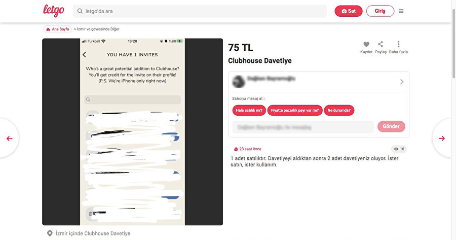 Clubhouse'a giriş için gerekli davetiyeler 75 TL'den alıcısını bekliyor