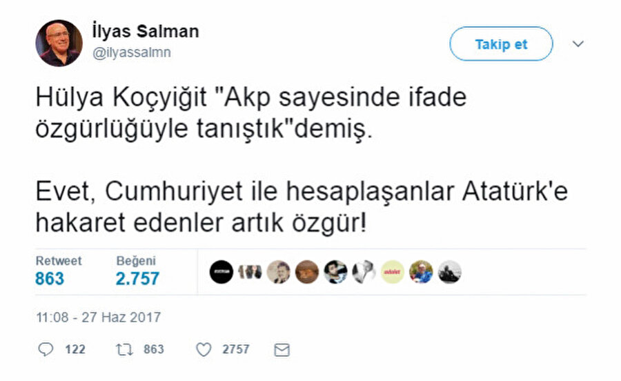 Daha önce 26 Haziran 2017’de Hülya Koçyiğit’in açıklamaları üzerinden AK Partiyi eleştiren Salman'ın paylaşımı