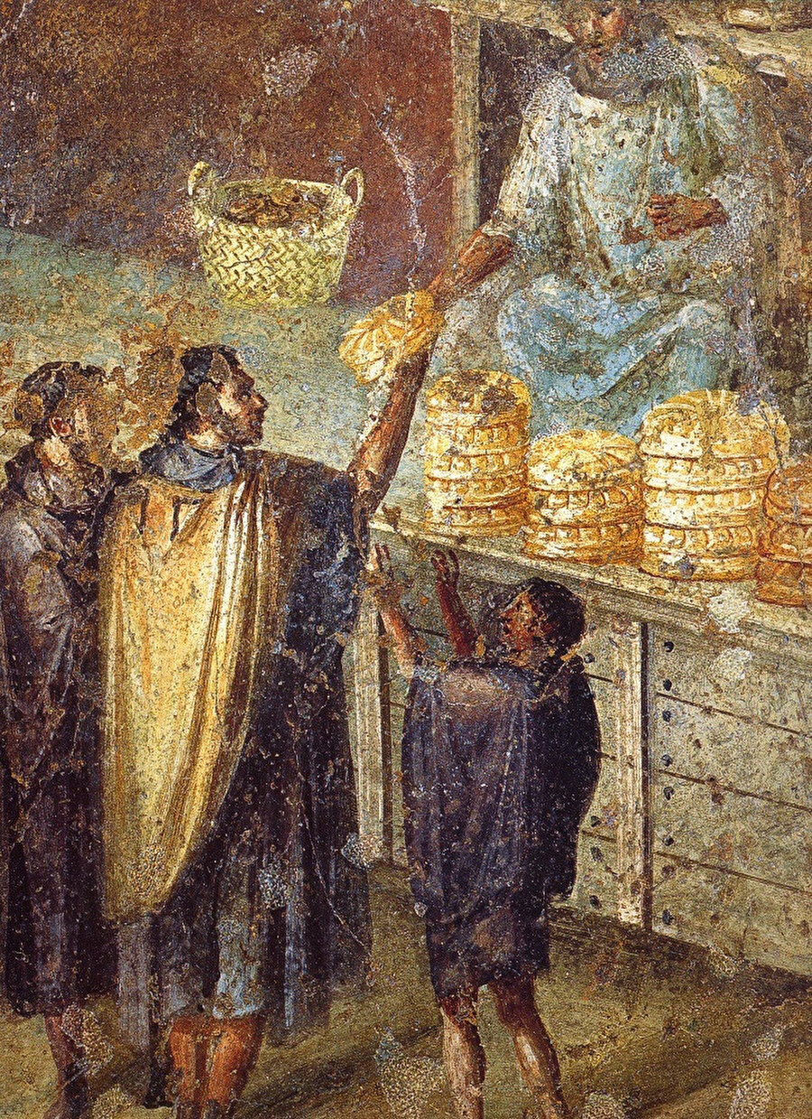 1. yüzyıl, Roma İmparatorluğu Döneminde duvara resmedilmiş, Pompei’de bir ekmek fırınını gösteren fresk.