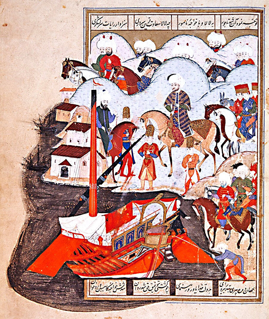 Cülûs için İstanbul’a gitmekte olan Şehzâde Murad’ı Mudanya İskelesi’nde tasvir eden minyatür. (TDV İslam Ansiklopedisi)