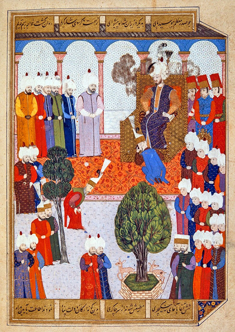 III. Murad’ın cülûsunu tasvir eden bir minyatür. (TDV İslam Ansiklopedisi)