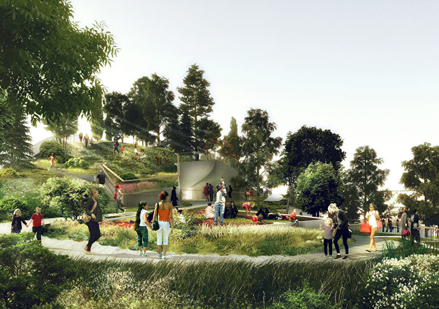 Parkta, yapılması planlanan etkinlik alanlarının render görseli.