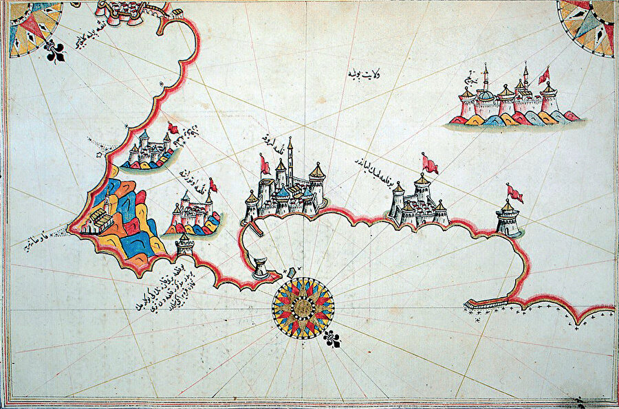 Pîrî Reis’in Kitâb-ı Bahriyye’sinde Otranto ve civarını gösteren harita.