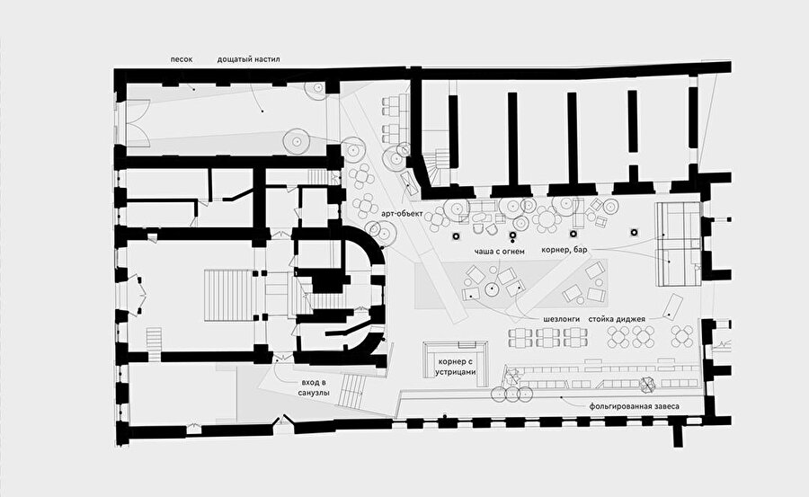 Tasarımın ve tarihi binanın zemin planı.