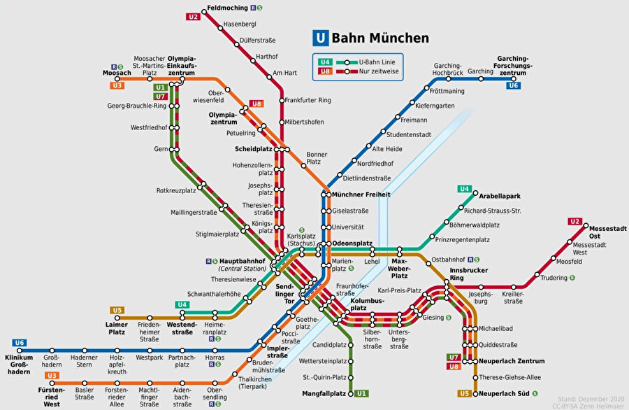  U-Bahn metrosunun ulaşım ağı.