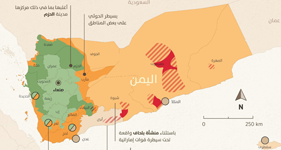 Anadolu Ajansı’nın sadece Arapça sayfasında yayınlanan ve Yemen’deki hakimiyet mücadelesini gösteren güncel infografik. Açık yeşil olan yerler Hûsîler’in, açık sarı olan yerler ise hükümetin kesin olarak olarak hakim olduğu yerleri gösteriyor. Koyu yeşil Hûsîler’in, koyu sarı ise hükümetin büyük çapta müessir olduğu yerleri gösterirken kırmızı olan yerler el-Kâide varlığına işaret ediyor (Kaynak: AA)