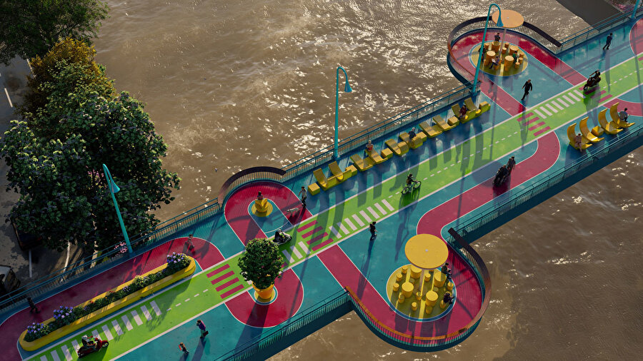 Motorlu araçların kullandığı yol ile yaya yolunu birbirinden ayırmak için köprüye dekoratif yeşil donatılar yerleştiriliyor.