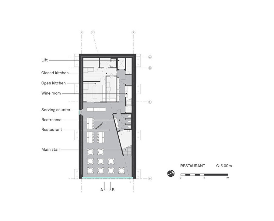 -5 metre kotundan geçen ve restoran seviyesini gösteren plan.
