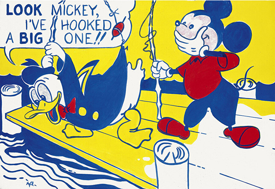 Roy Lichtenstein, ana renkleri ve beyazı kullanarak Donald Duck ve Mickey Mouse’u bir gezinti sırasında balık tutarken resmeder.