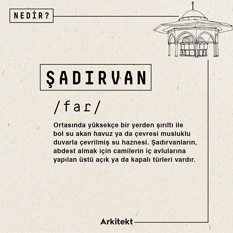Mimarlık sözlüğünde 'şadırvan'