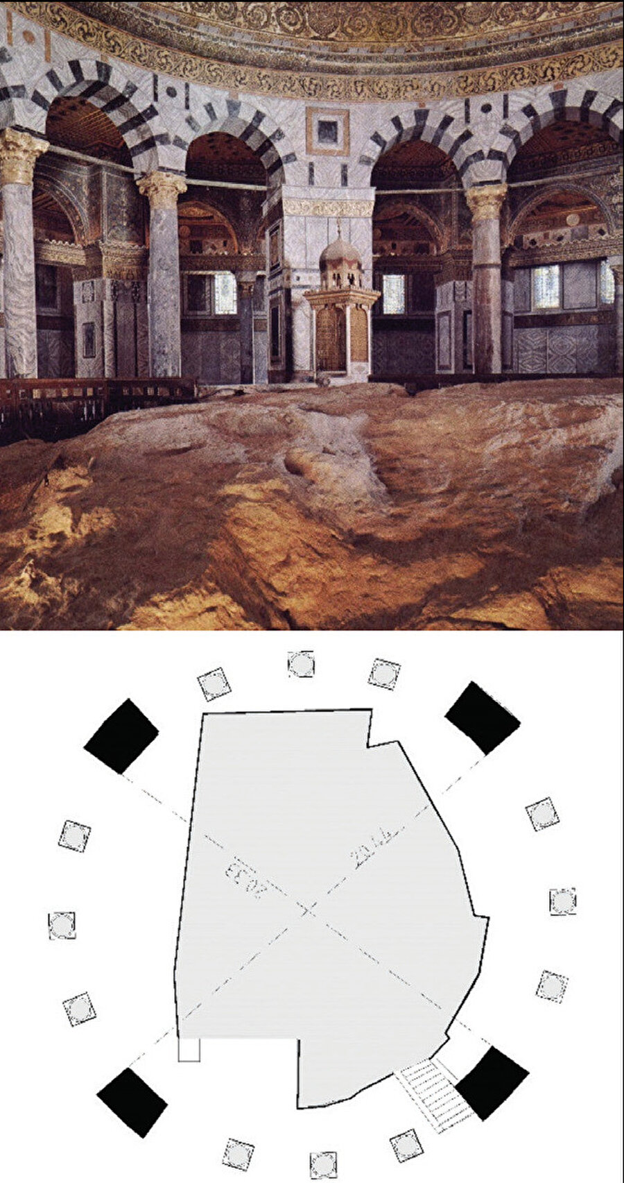Şekil 2 Yukarıda, altta: Kubbetü’s-Sahrankayasını çevreleyen dairesel duvarın planın(Kaynak: Sağ: al-Ratrout, 1998, s.286).nYukarıda, üstte: Kayanın günümüze ait bir içnmekan fotoğrafı (Kaynak: Duncan, 1972, s.57).