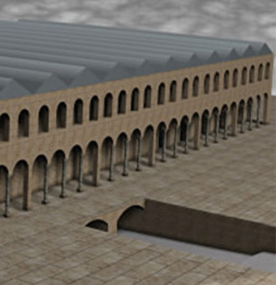 Şekil 6 Kudüs’teki Aksa Camii’ne dair, bu yapının İslamiyetin ilk dönemlerinde nasıl göründüğünü gösteren bir rekonstrüksiyon. Kuzeydoğuya bakan sağdaki çizimde Abdülmelik’in yapısına ilişkin mimari ayarlamalar, soldaki resimde ise Aksa Camii’nin arkeolojik kalıntılar ve al Makdisi’nin tanımları ışığında bilgisayar ortamında hazırlanmış güneybatıya bakan bir görüntüsü görülmektedir (Kaynak: Al-Ratrout).