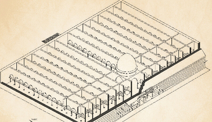 Şekil 7nMescid-i Aksa’nın İslamiyet’innilk dönemlerinde nasılngöründüğünü gösteren birnrekonstrüksiyon. Kuzeydoğuyanbakan sağdaki çizimde,nAbdülmelik’in yapısına ilişkinnmimari ayarlamalar, solda isenMescid-i Aksa’nın arkeolojiknkalıntılar ve Al Makdisî’ninntanımları ışığında bilgisayarnortamında hazırlanmışngüneybatıya bakan bir görüntüsüngörülmektedir.