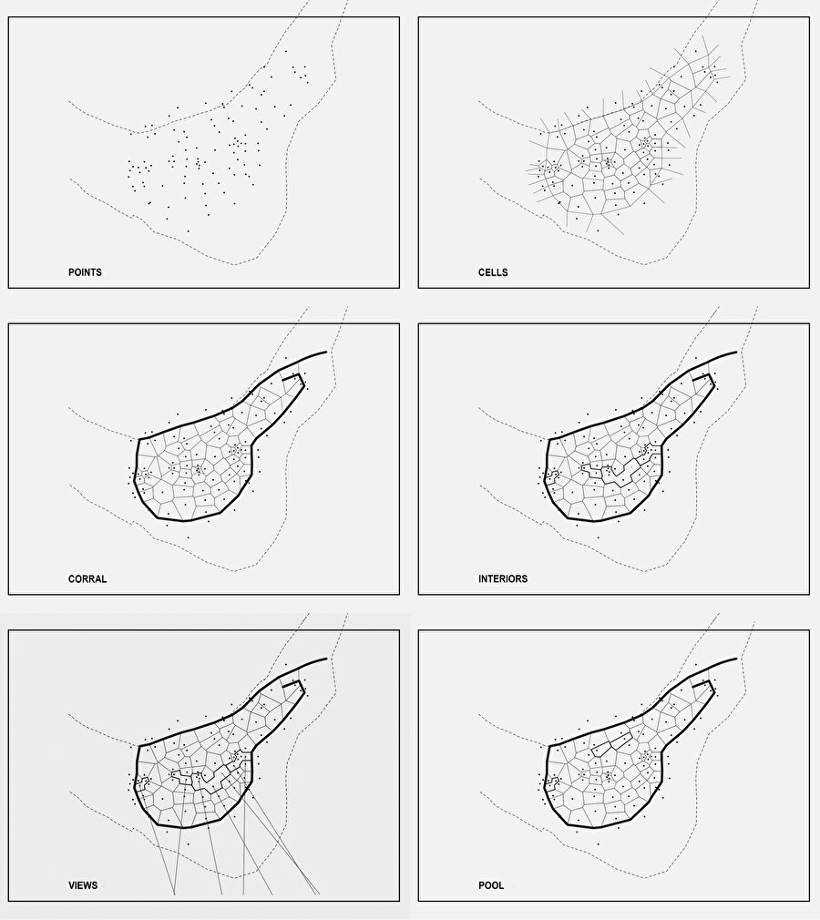 Voronoi diyagramı parçalarının oluşturulma sürecini gösteren diyagramlar.