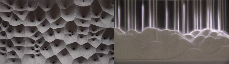 Fotoğrafta kumun birçok delikten aynı anda akışı ve oluşan Voronoi diyagramı görülüyor.