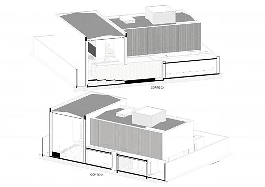 Soldan sağa cobogo tuğlalı alan, zemin kattaki soluk tuğlalı alan ve siyah alan. Bu blokların üstünde ahşap bloklar yer alıyor.