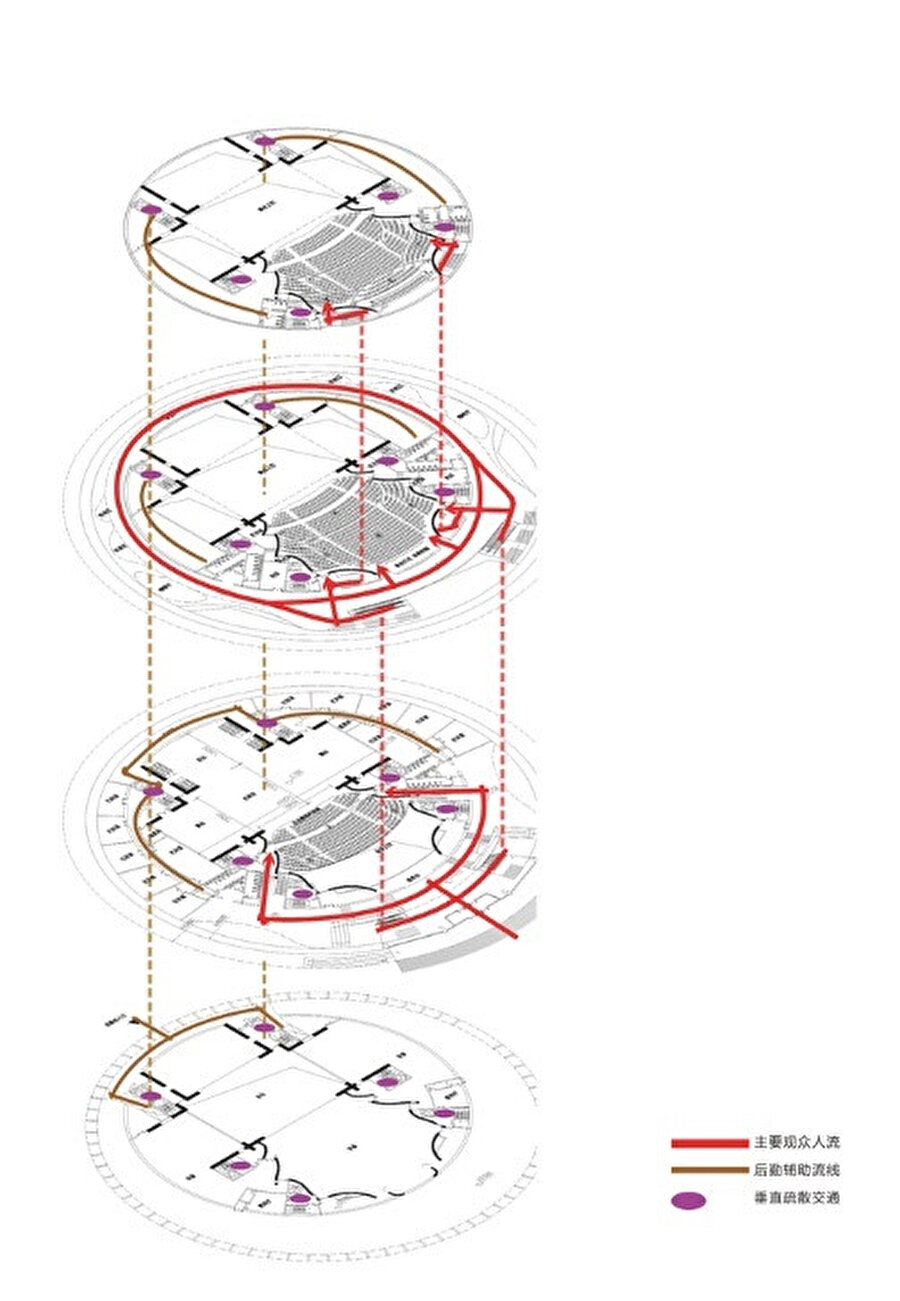 Binanın patlatılmış perspektif tekniğiyle çizilmiş kat planları.